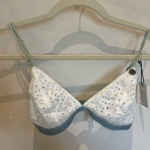 Love Stories bralette. White lace with striped elastic band. Beautiful, delicate
